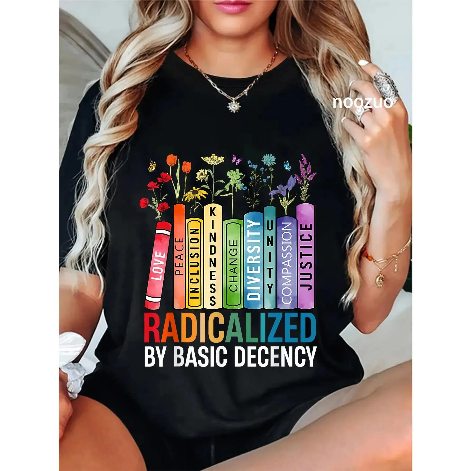 100% Cotton Unisex Book Flower Radicalized By Basic Decency Feminist Lgbt T-Shirt Casual Top graphic tees