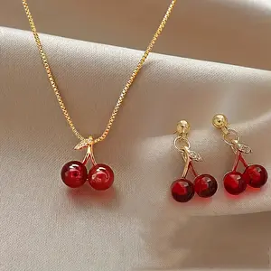 Cherry Pendant Necklace & Earrings Set - 2pcs Stainless Steel Non-Fading Jewelry for Casual Attire Red Crystal Pendant Necklace jm  jewelry