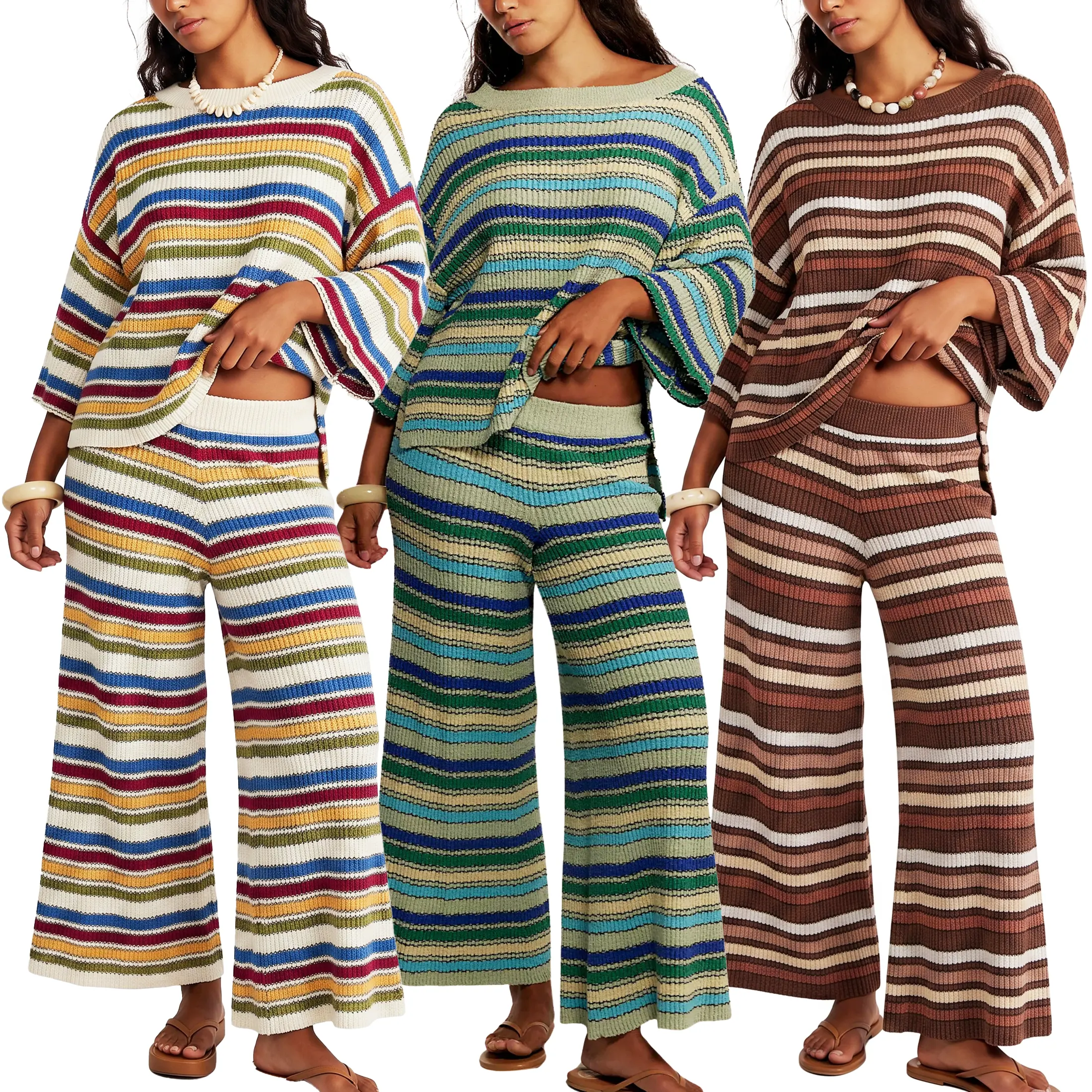 Wandal Women Oversized Colorful Stripe Knit 2 Piece Loungewear Sets Loose 3/4 Sleeve Sweater Wide Pants Casual Vacation Daily Outfit OOTD
