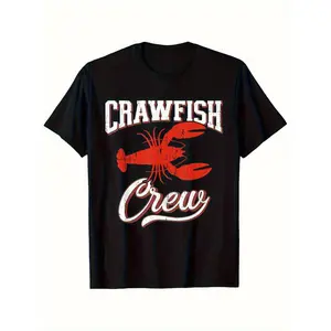 Crayfish Crew Graphic Tee: Unisex 100% cotton black t-shirt, machine washable, featuring an eye-catching crayfish and lobster design, comfortable casual fit, sizes S-XXXL, perfect gift for men, women, mom, dad and friends.