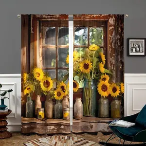 Sunflower Pattern Curtain, 2 Counts/set Retro Sunflower Printed Curtain, Window Cover, Semi Blackout Privacy Protective Curtain for Home Living Room Bedroom