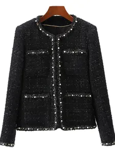 Women's Rhinestone Decorated Plaid Print Long Sleeve Jacket, Elegant Fashion Casual Open Front Outerwear for Daily Outdoor Wear, Women Clothing for Spring Fall, Coats, Womenswear