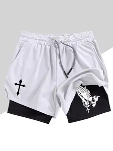 Men's Quick-Dry Breathable Training Shorts, Cross Print, Two-In-One Beach Gym Shorts, Summer Gym Shorts with Pockets