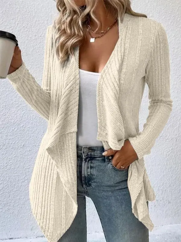 Women's Open-Front Cardigan, Long Sleeve Ribbed Knit Top with Draped Asymmetrical Hem, Relaxed Fit Casual Knitwear Essential, Slip, Breathable, Outdoor, Stretchy, Loose, Light, Lightweight