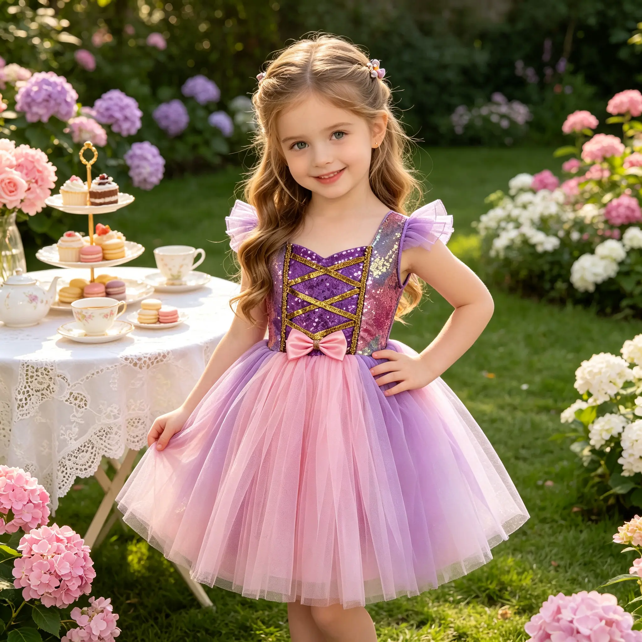 Toddler Girls Rapunzel Princess Dress Sparkle Sequin Tulle Tutu Costume Flutter Sleeve Bow Outfit For Birthday Party Theme Park Photoshoot