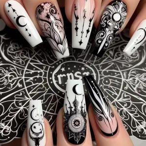 Star & Moon Pattern Fake Nails with Nail File & Tape, 24pcs Long Square Press on Nails for Women & Girls DIY Nail Art, Elegant Stick on Nails Kit, Nail Art Design