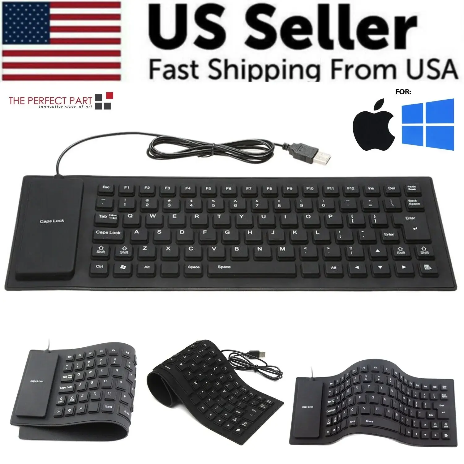 Full Size Waterproof Silicone USB Keyboard, Foldable, Flexible, Dustproof, Dirtproof