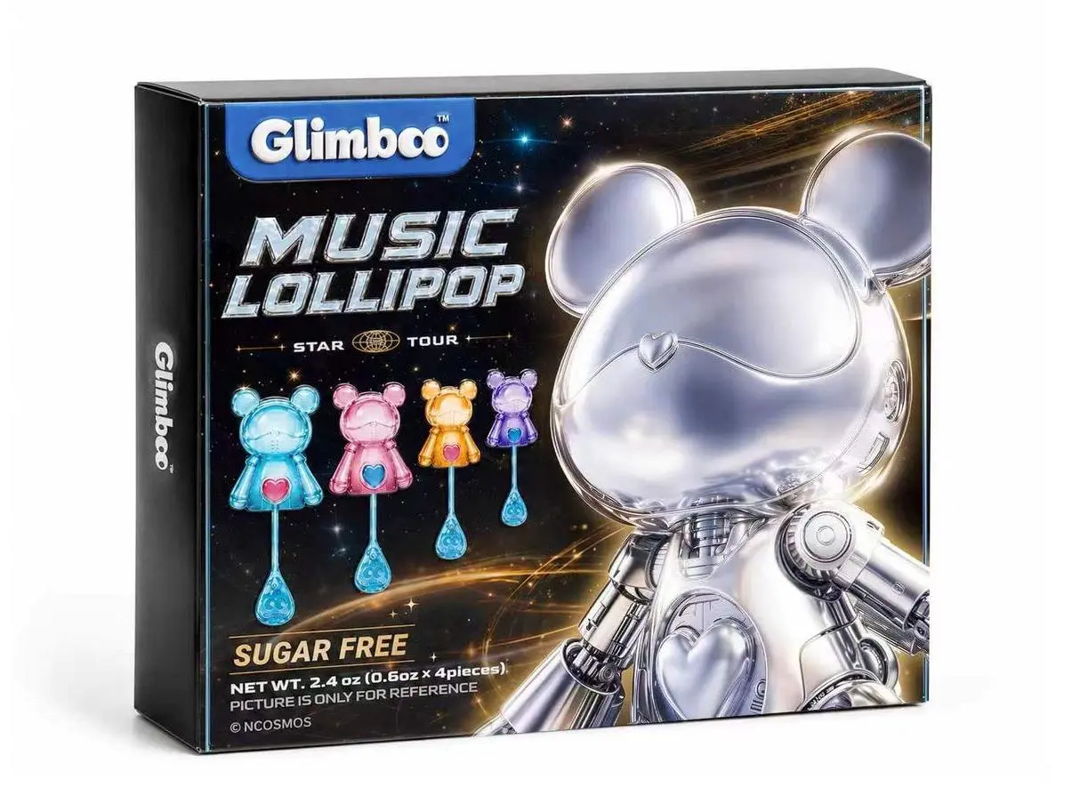 Glimboo × Cosmos Bear Music Lollipop 4-Pack | Bone Conduction Singing Candy with Original Soundtrack | Collectible Cosmos Bear Figurine IP