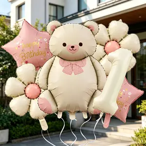 8pcs Cute Bear Number Balloons Set, 32-Inch Cream Color Numbers 0-9, Baby Birthday Party Decor, Outdoor Picnic, Kindergarten Activities
