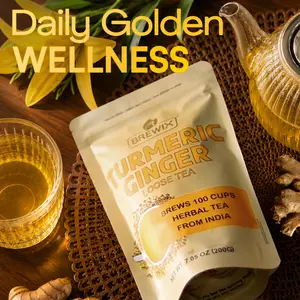 BREWIX Turmeric Ginger Loose Leaf Herbal Tea | 7.05oz / 200g | 100+ Cups | Real Turmeric & Ginger Root From India | Caffeine Free, Gluten Free, Vegan | Hot, Iced or Latte | Savory & Spicy Herbal Blend
