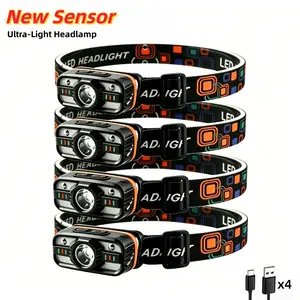 New Upgrade 4-Pack Smart Sensor Headlamp, Dual-Light USB Rechargeable, 6 Modes with Motion Sensor, Long Battery Life for Night Fishing Camping Auto Repair Home Patrol Emergency