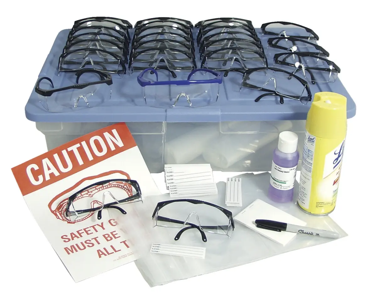 Delta Education 193-7934 Adult-Sized Lab Safety Glasses, Convenient Kit with Cleaning Solution for Demonstrating Safety - Pack of 30
