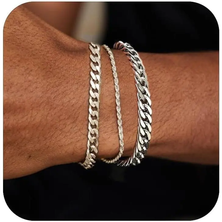 3-Piece Men's Stackable Bracelets, Stainless Steel Cuban Link & Rope Chain Set, Adjustable, Anniversary, Birthday & Father's Day Gift Idea, Cuban Link Chain, Stainless Steel Wrist, Adjustable Cuff, Birthday Gift Ideas, 2Pcs-Sliver-Rope/Cuban