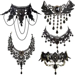 5 Pieces/Set Halloween Sexy Jewelry Women Lady Elegant Goth Gothic Steampunk Lace Choker Necklace Black Neck Chain Collar Statement with pendant Victorian Wedding Party Cosplay