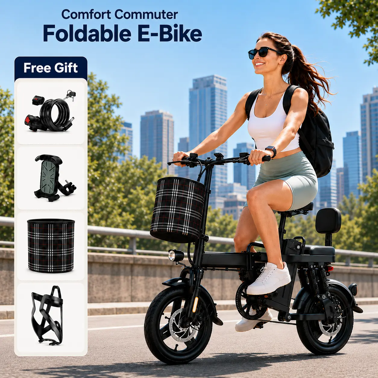 Sohochic Adult Foldable Comfort Urban Ebike for Commuting & E-Biking, 14in Wheels, 20MPH Top Speed, 30+ Miles Range, Multi-Shock Absorber, 330LBS Load Capacity, UL 2849 Certified, Compact Design with Basket, Phone Mount, Lock, Rear Backrest, Bike Seat