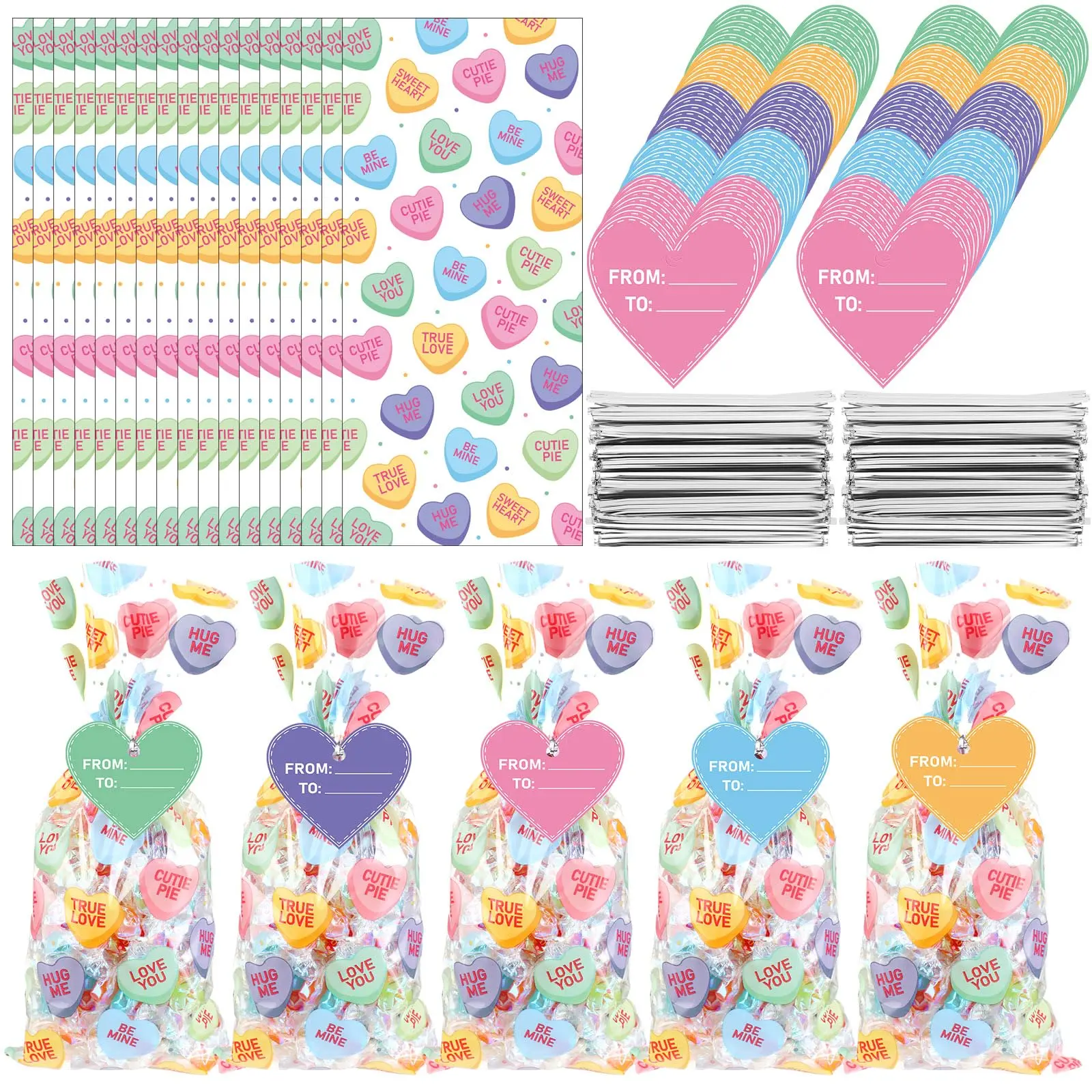 Unisex Mini Valentines Drawstring Goodie Bags with Tags (50/150 Pcs, Medium Size) – Bags Plus Tags Simplify Favor Prep, Easy to Hand Out and Sort, Galentine's Ready, Heart Print Appreciation Gifts for Students, Party Supplies for Holiday Exchanges, Fixed