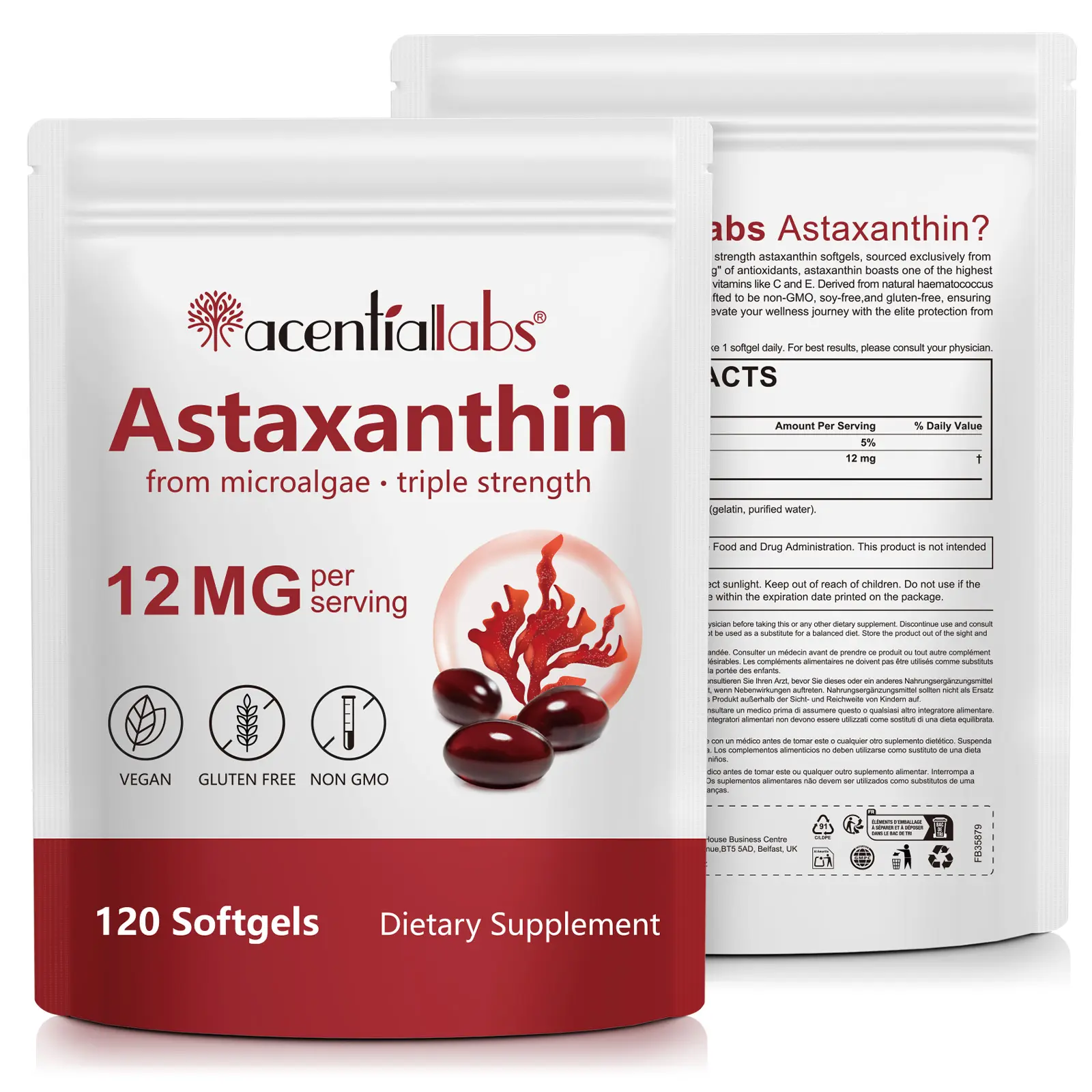 Acentiallabs Natural Astaxanthin 12mg Antioxidant Healthcare Dietary Supplement - 120 Gluten Free Vitamins Softgel Capsules (4-Month Supply), Fresh Microalgae Source, GMO Free, Eye & Joint Support summerwins, Dairy Free, 3 Years