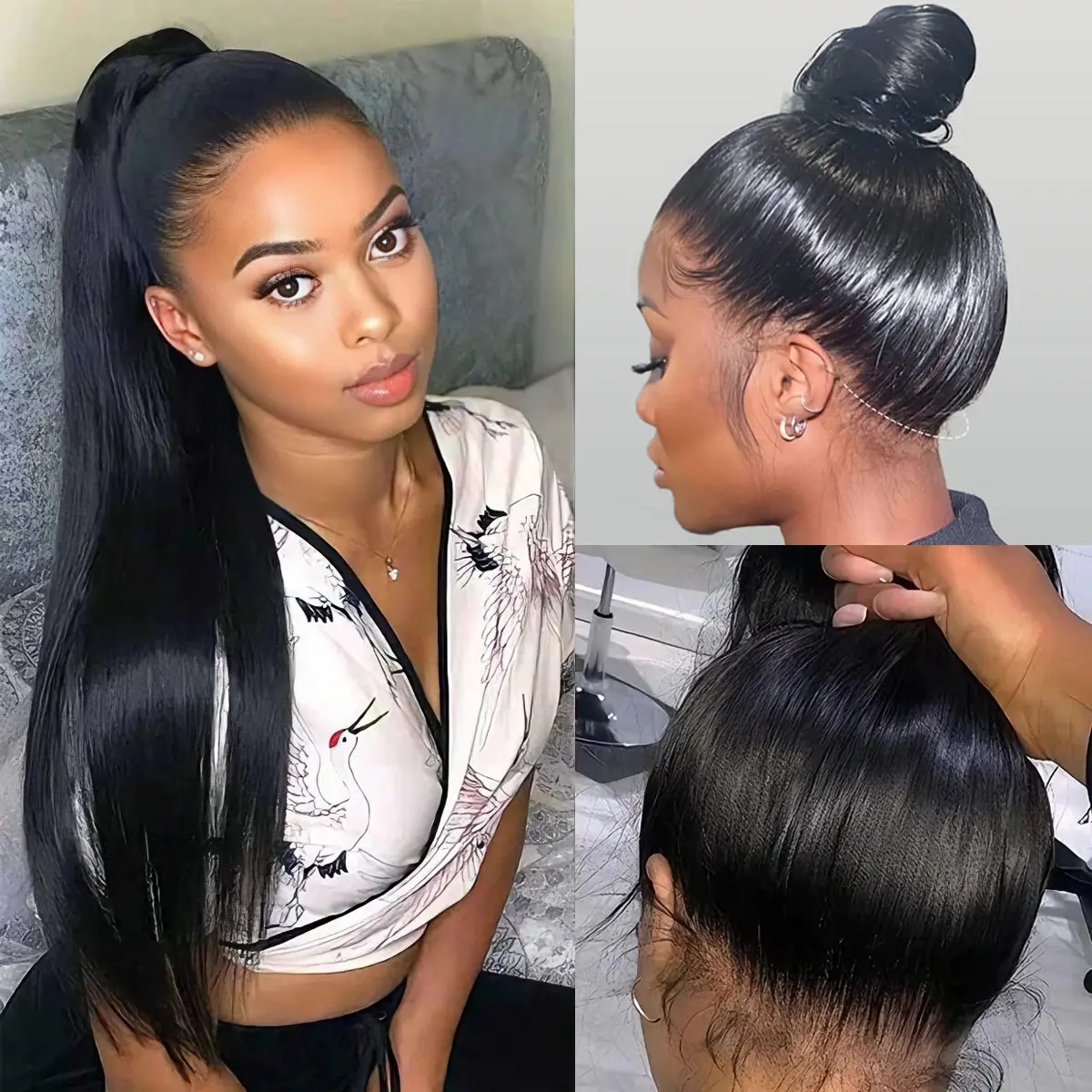 OQ Hair 360 Straight Frontal Wig Flexible Fit Drawstring Glueless Human Hair Wigs Bleached Tiny Knots Preplucked Hairline Invisi Fit Straps Pre-Cut Lace Wear Go 360 Wigs