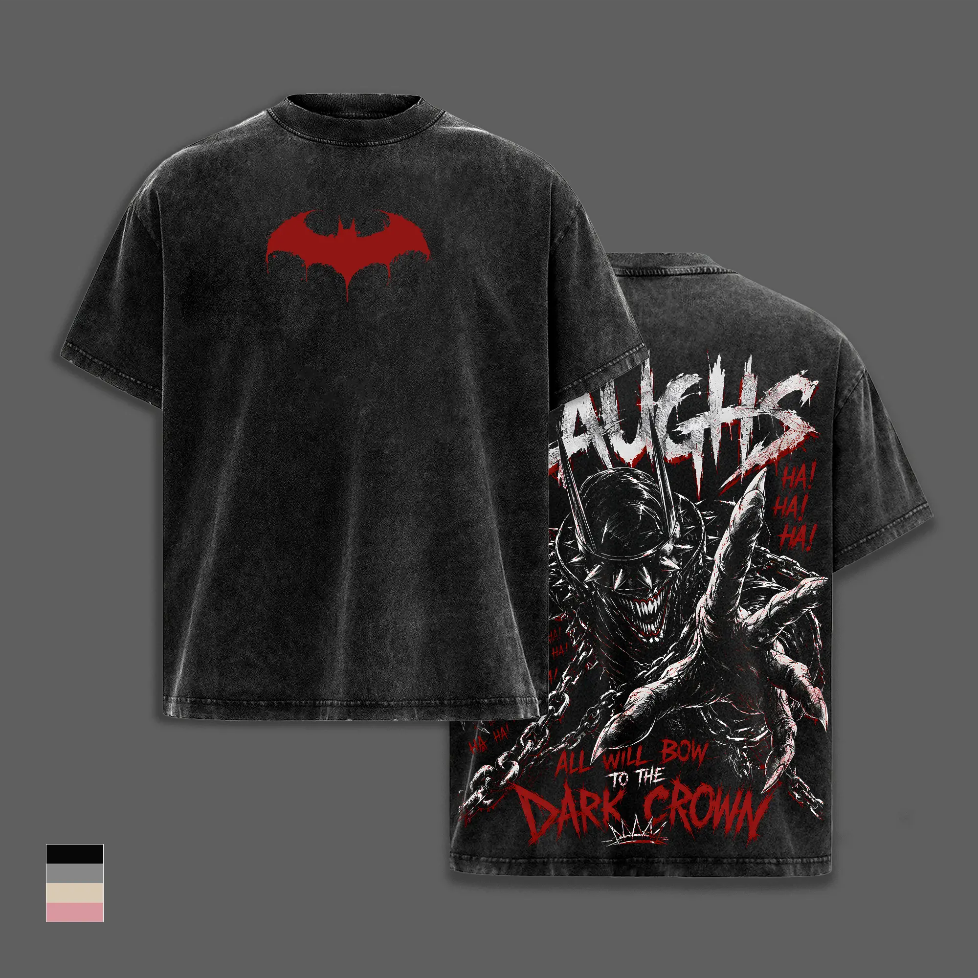 Laughing Bat Dark Knight Vintage Washed Graphic T-Shirt, Oversized Heavyweight Cotton Streetwear Tee, Evil Gotham Villain Inspired Comic Apparel, Double Sided Dark Hero Fan Merch, Retro Collector Gift