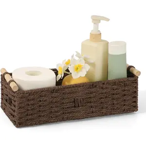 Toilet Paper Wicker Basket, Paper Rope Storage Basket with Wooden Handle, Wicker Baskets for Organizing, Decorative Storage Wicker Bins for Countertop, Small Basket Fits with Any Decor