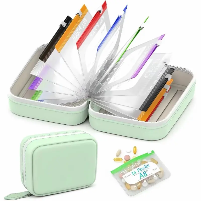 A8 Waterproof Pill Pouch Set, Large Weekly Pill Organizer with 14 Color-Coded Medicine Pouches, Reusable Travel Medicine Organizer, Medical Organizer, Zippered Pill Storage for Fish Oils, Vitamins