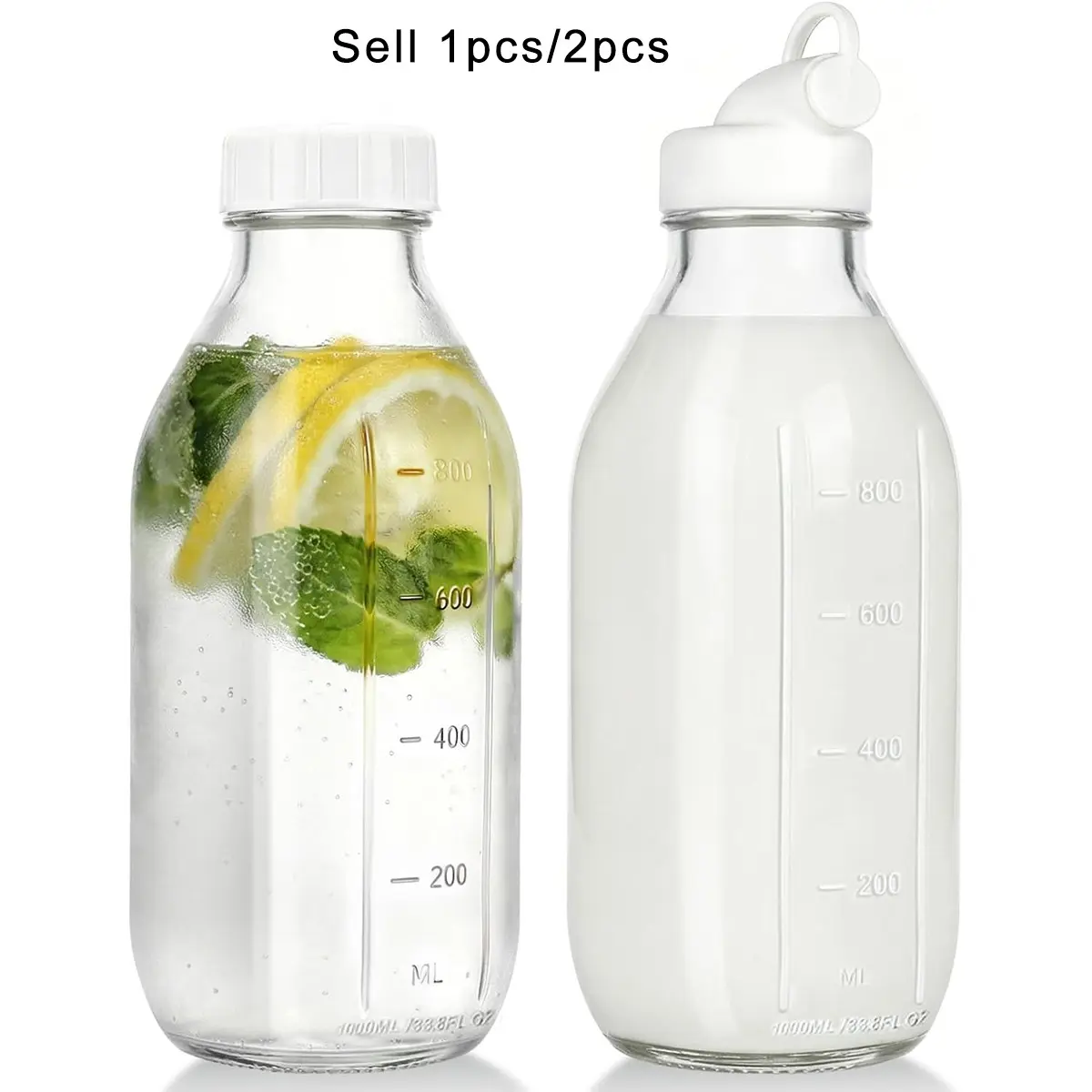 Glass Milk Bottle Set with Reusable Dispenser Lid and Seal Cap, 32oz Glass Water Jug with Measurement Marks, Durable and Practical Design, Refillable Bottle, Water Bottles, Drink Bottles