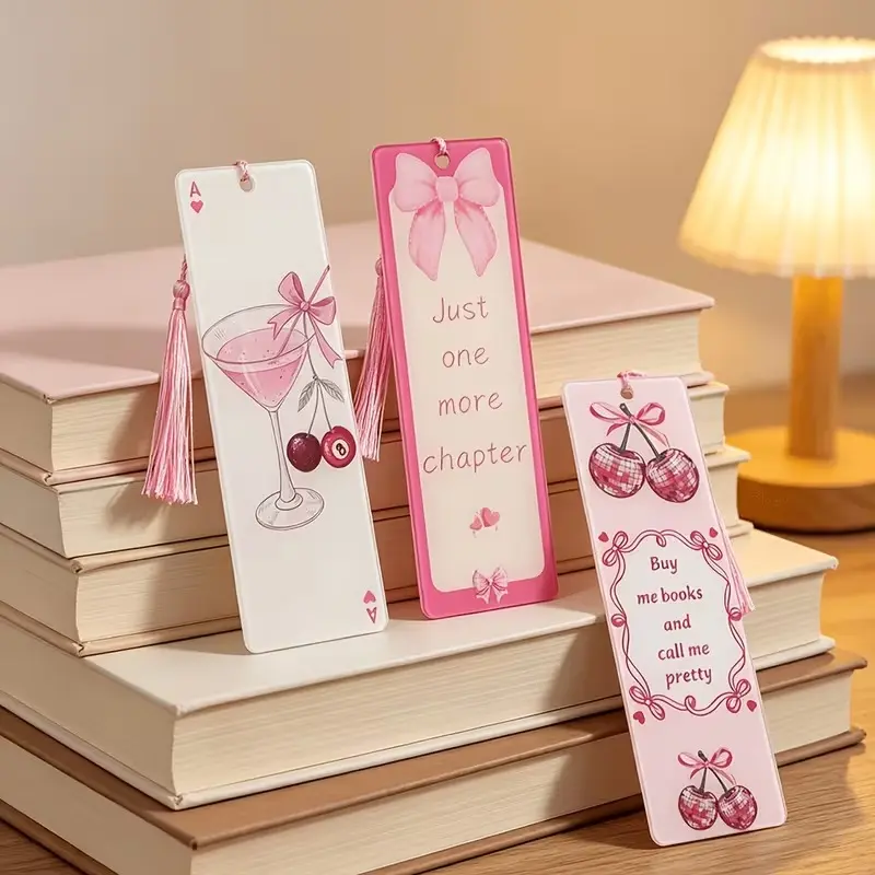 Pink Bow Bookmark, Acrylic Bookmark with Tassels, a Pink Bookmark Gift for Book Lovers, Cute Bookmark for Women, Book Accessory, Classroom Reading Supplies