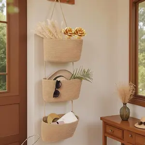 Handmade woven cotton hanging basket behind doors, three-tier hanging storage basket, decorative baby room storage basket with hooks, multi-purpose household laundry storage basket, gift hooks, household storage basket, laundry basket. easter basket