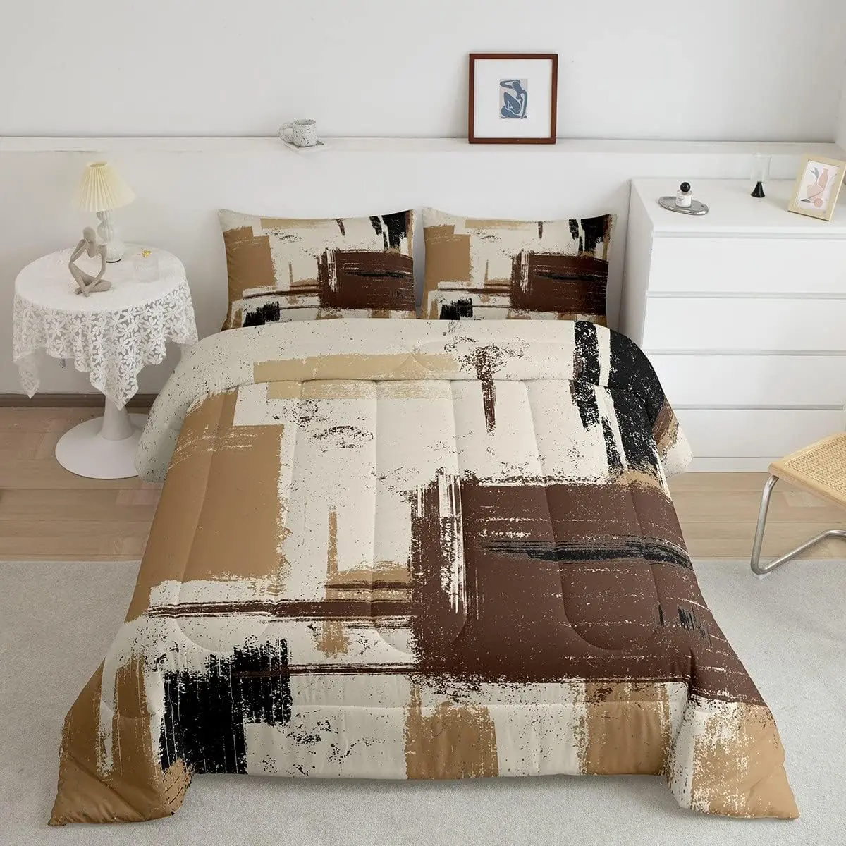 Feelyou Queen Size Microfibre Quilt Bedding Set - Comforter, Super Soft Digital Print Geometric Abstract Duvet, Grey Brown Black Modern Art Room Decor, Breathable, Machine Washable, Comforter Queen Size