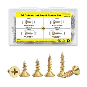 600 count #4  Screws Assortment Kit,Small Flat  Screws, Flat Yellow Zinc Screws,Suitable for Furniture Cabinet,DIY Model Assembly and ,4 Sizes(1/4'',5/16'',3/8'',1/2'')