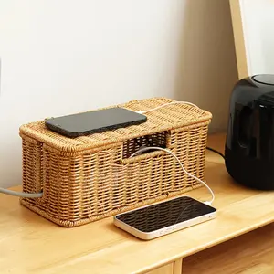 Desktop Power Cord Organizer Box with Lid, Rattan Weave Outlet Cover Box, Power Strip Hider, Charging Cable Management Case, Wire Storage Box for Home and Office