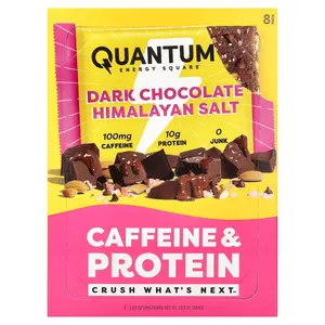 Quantum Energy Square Caffeine & Protein Bars, Dark Chocolate Himalayan Salt, 8 Bars, 1.69 oz (48 g) Each