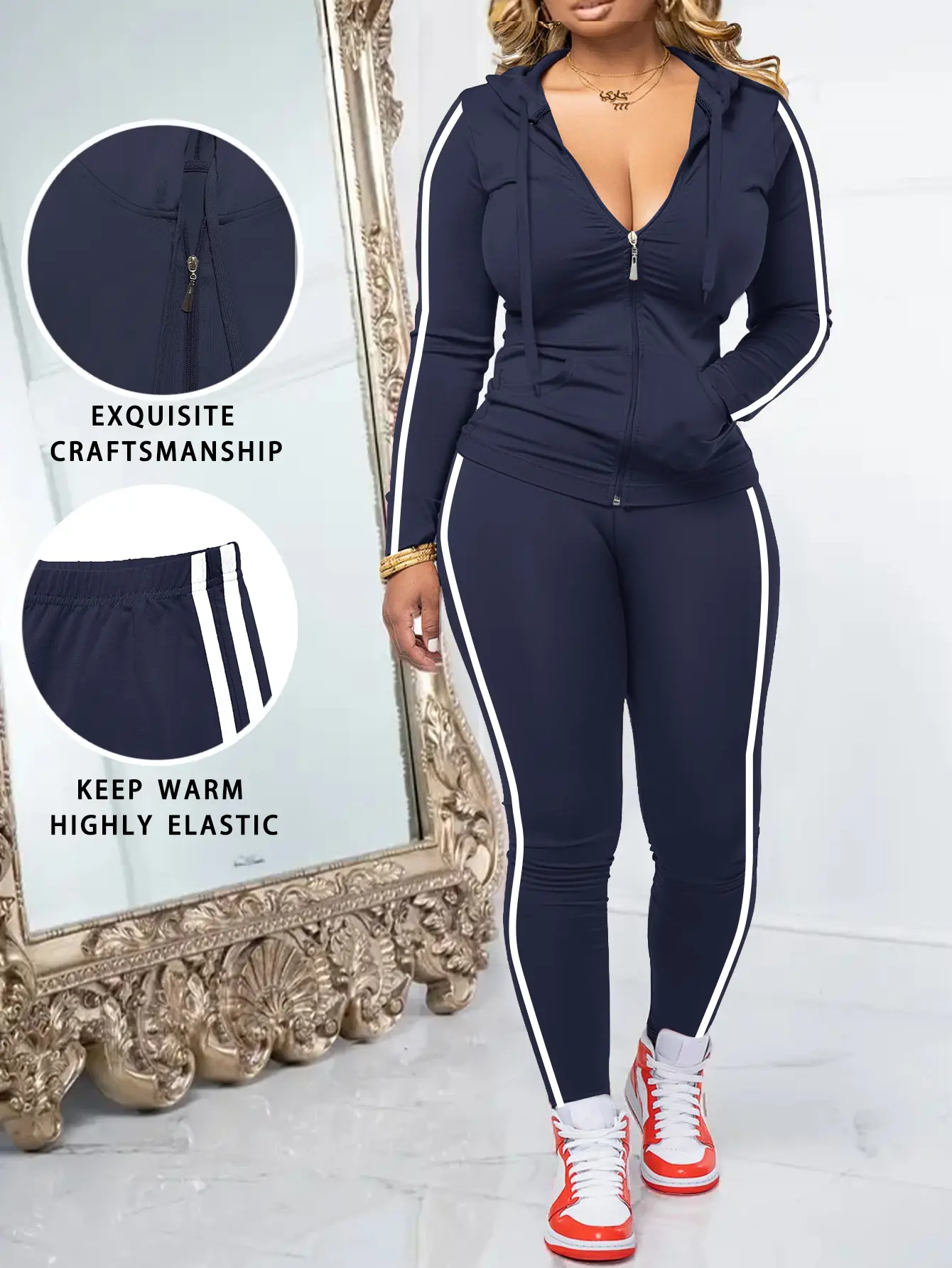 AUXDIO Women’s 2 Piece Zip Up Hoodie and Jogger Set, Long Sleeve Hooded Jacket with Drawstring Sweatpants, Casual Fitness Yoga Tracksuit, Outdoor Streetwear Matching Outfit, Minimalist Navy Blue,sohochic
