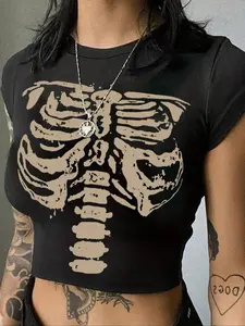 Women's Halloween Skull Print Round Neck Crop Tee, Street Fashion Casual Short Sleeve T-shirt Streetwear for Daily Holiday Vacation Outdoor Wear, Ladies Summer Clothes