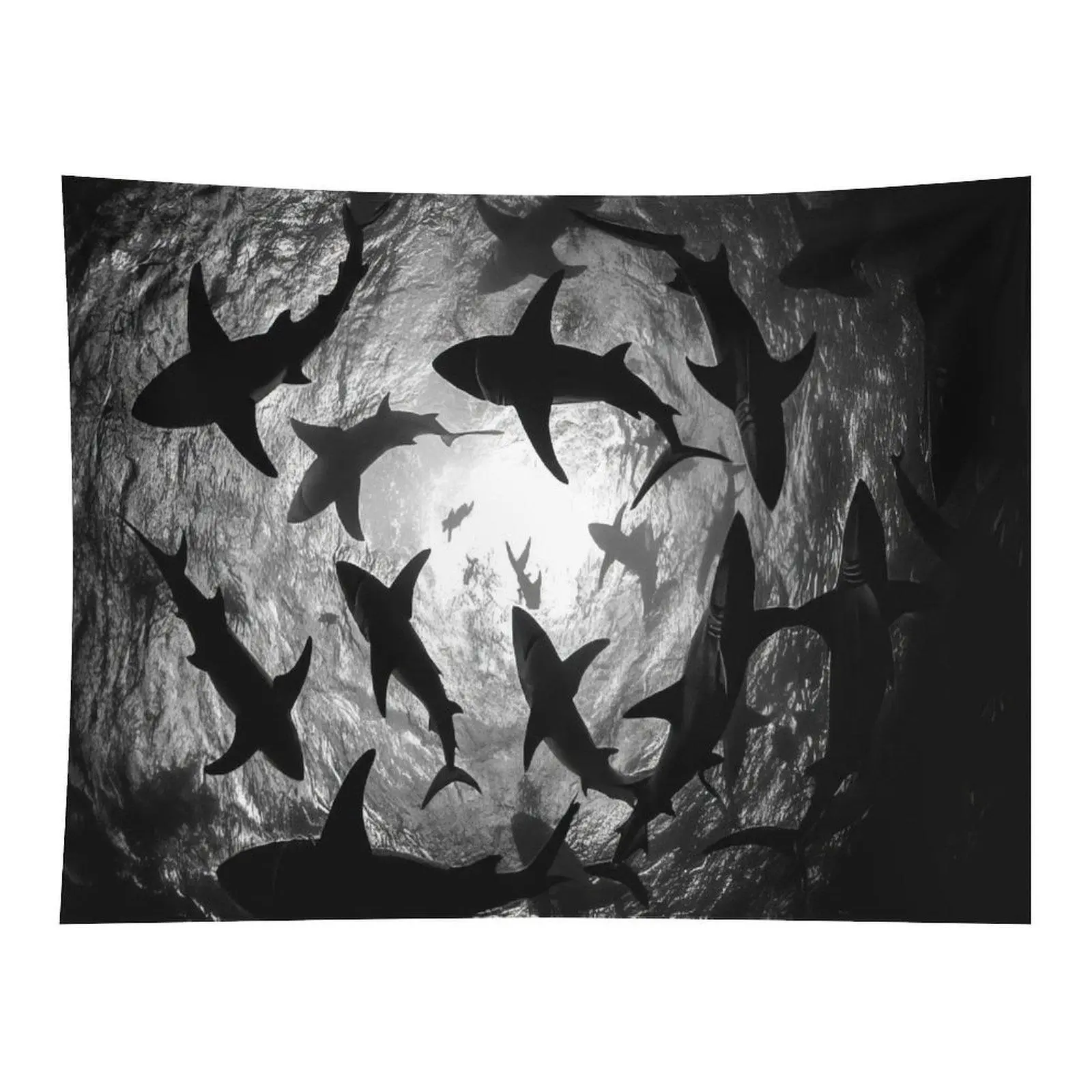 Monochrome Black White Underwater Cave Multiple Shark Silhouette Ocean Deep Sea Dark Moody Wildlife Wall Tapestry For Teen Boys Dorm Decor