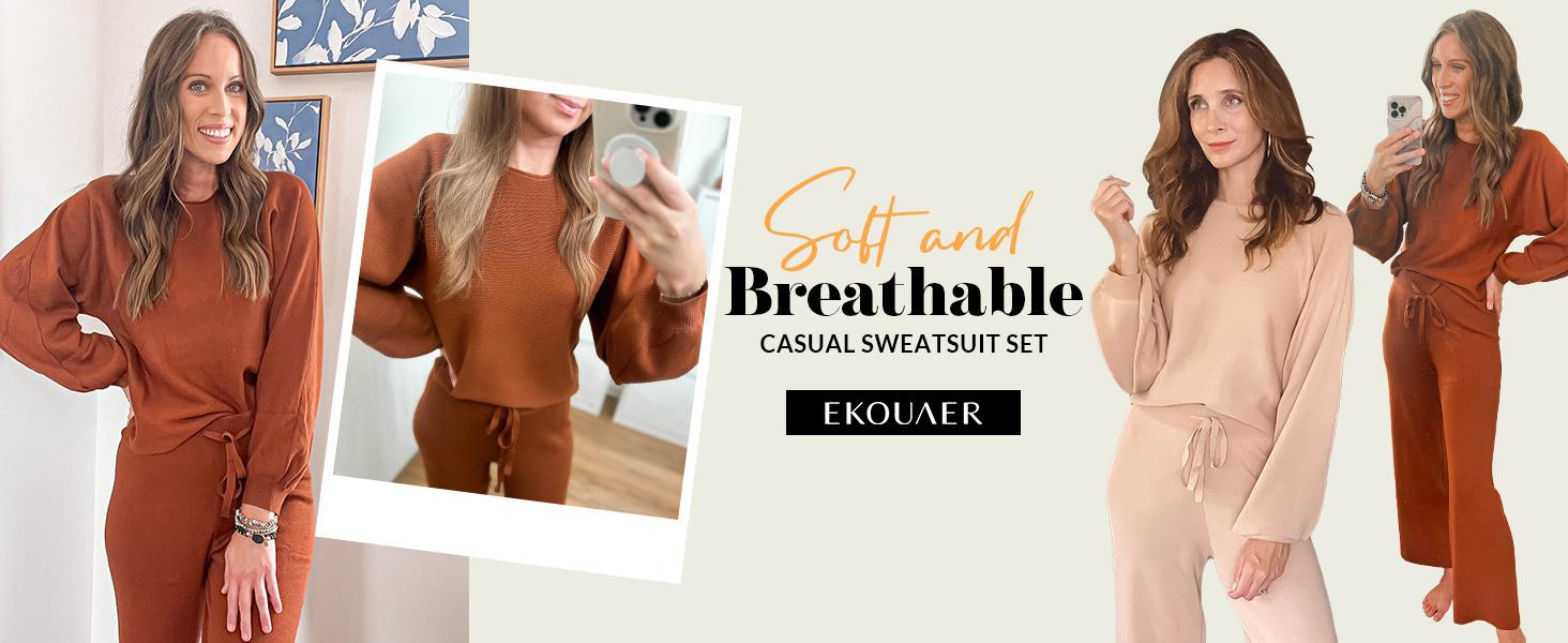 Ekouaer Women's two-piece set long sleeved pullover top with pockets wide leg pants casual set Pajama Loungewear Nightwear，Outfits for Daily, Downtown Girl Clothes. Fal Outfits, Christmas 2025 Trend, Fall & Winter Womenswear