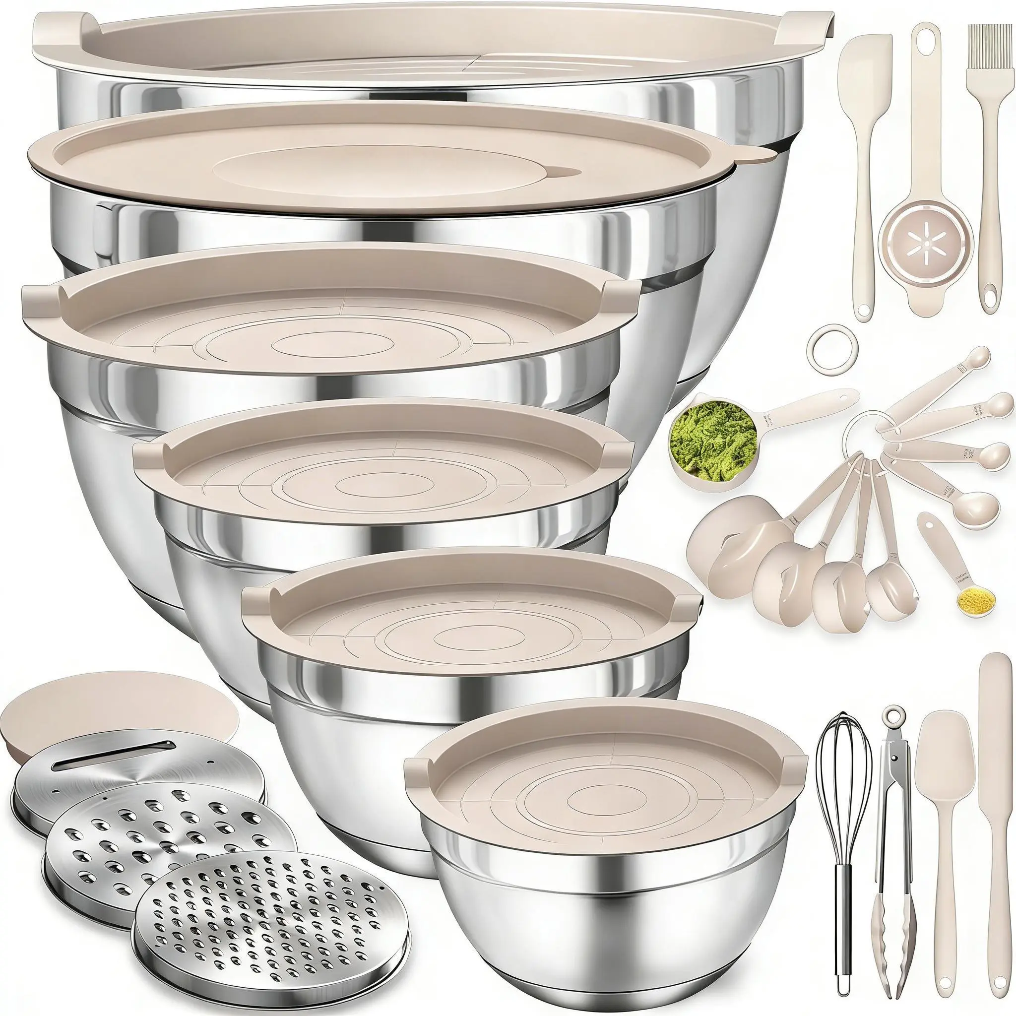 23-Pcs Stainless Steel Mixing Bowls Set - Durable Kitchenware Utensils with Varied Sizes, BPA-Free Lids, Graters, Whisk, Spoons, 23-Pieces Covers Prep, Easy Clean Nesting Stackable for Mixing, Baking