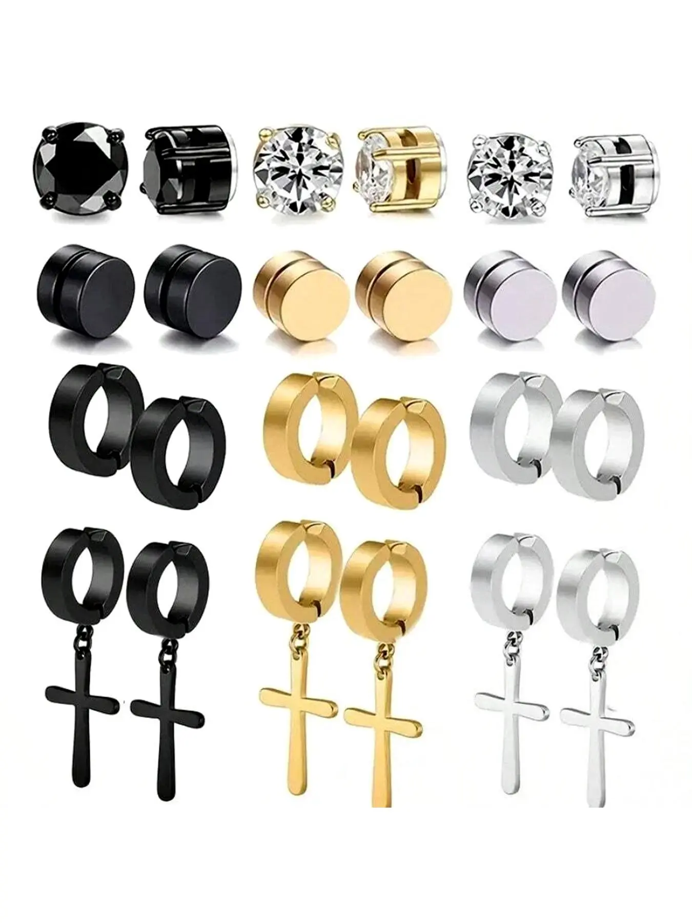 Men's Magnetic Stainless Steel Clip Earrings Set with Cz Pendants, Artificial Zirconia Earrings, No Piercing Required, Non Piercing Earrings, 24 Pieces, Punk Style Earrings, Fashion Jewelry Accessories, Versatile Earring Stacks