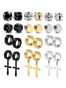 Men's Magnetic Stainless Steel Clip Earrings Set with Cz Pendants, Artificial Zirconia Earrings, No Piercing Required, 24 Pieces, Punk Style Earrings, Fashion Jewelry Accessories, Versatile Earrings Stack