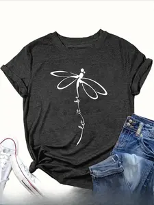 Oversized Dragonfly T-Shirt, Vintage Washed Let It Be Line Art Graphic Tee, Retro Positive Quote Shirt for Women, Aesthetic Boho Top, Trendy Mental Health Apparel, Unique Gift for Her