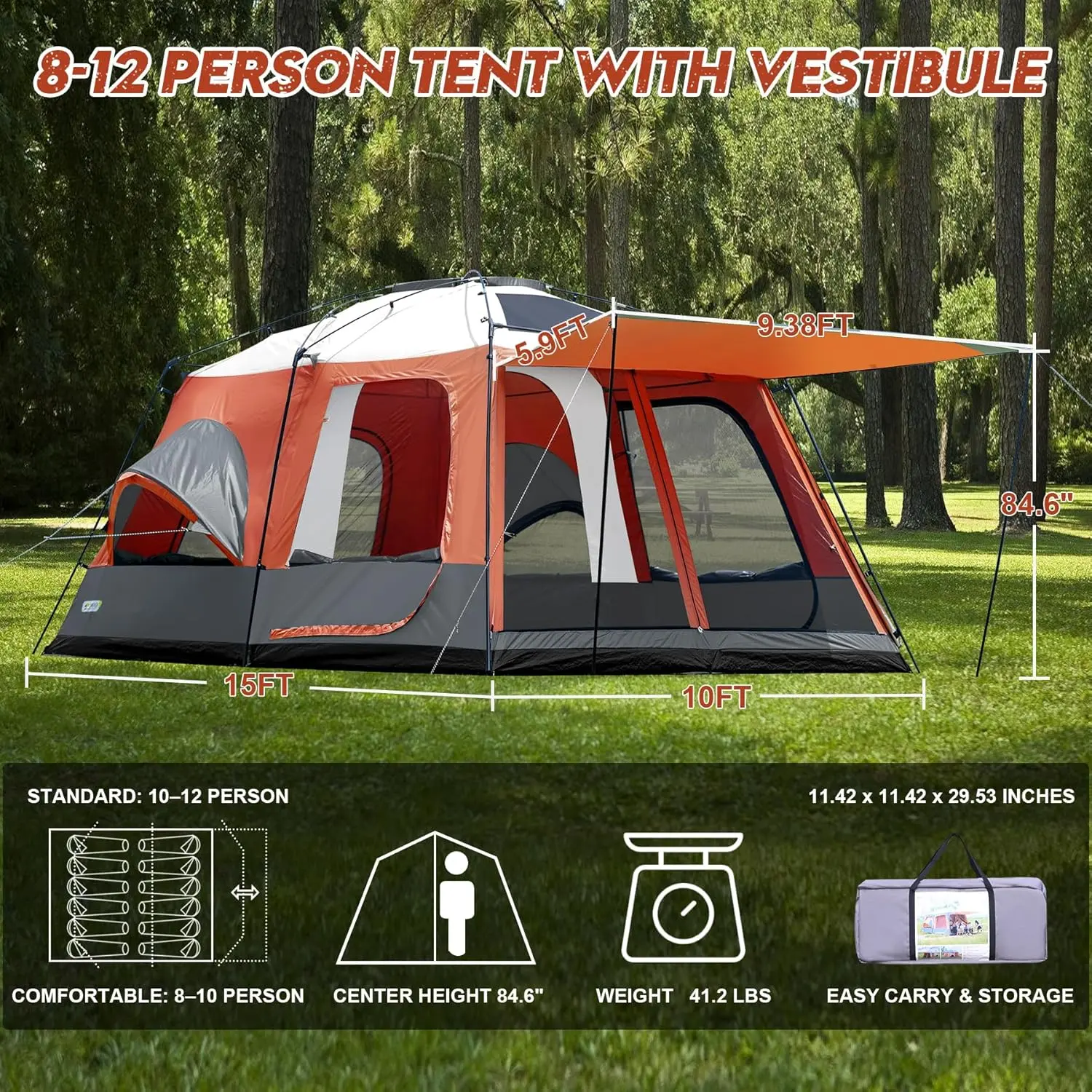 Outdoor Inflatable Family Tent with Hand Pump, Waterproof Oxford Camping House for 4 Seasons