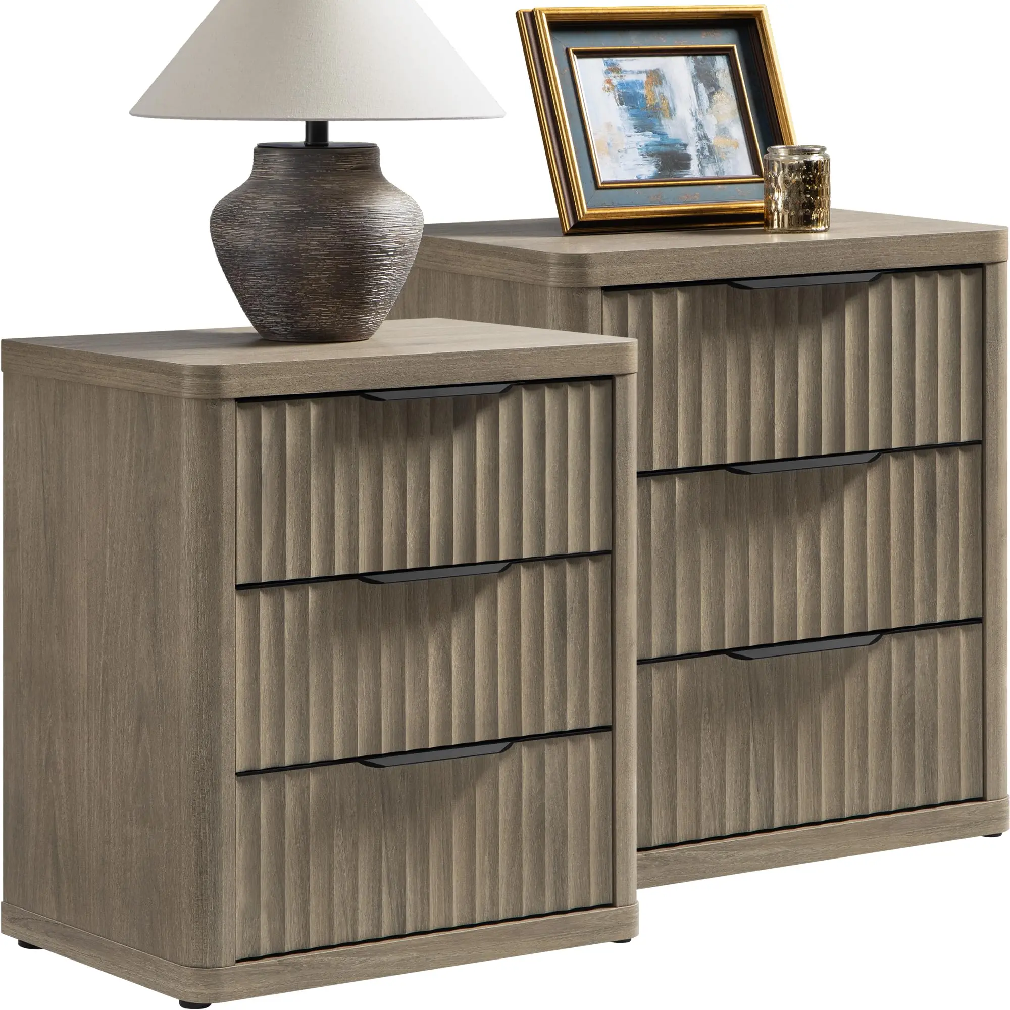 SICOTAS Set of 2 Mid-Century Modern 3-Drawer Bedside Table Cabinets (25.6" Tall) - Fluted Panels, Large Drawers, Contemporary End Table, Simple Setup, Minimal Chic Look for Modern Bedroom Organization, Bedside Table Cabinet, Nightstand