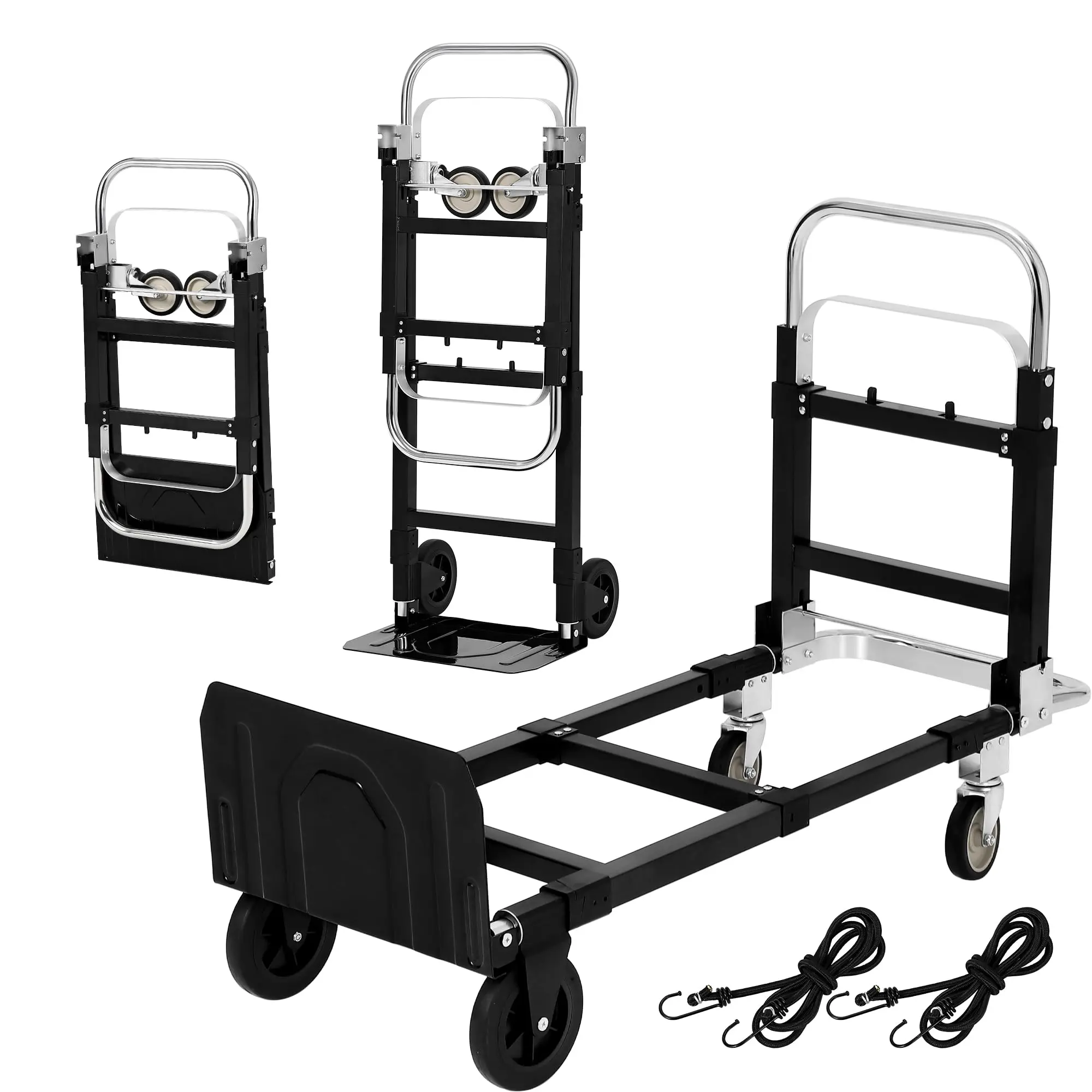 GARVEE 2 in 1 Convertible Hand Truck Dolly with 660lbs Load Capacity, Folding Cart with Wheels and Elastic Straps, Carbon Steel Collapsible Dolly Cart for Home, Warehouse, Supermarket, Office Use