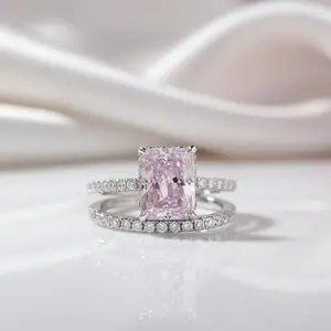 Radiant Cut Elegant Pink Stone Wedding Ring Set