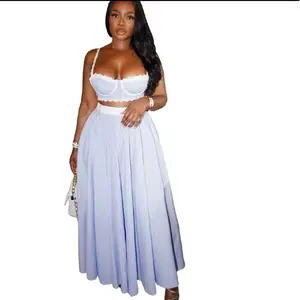 Women's Set with Camisole Vest Lace Patchwork High Waisted Striped Skirt Two-piece Set for Summer 2025 Fashionable Outfit Womenswear