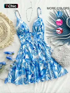 Women's All Over Print Backless Cami Dress, Boho Sleeveless Short Dress for Beach Holiday Vacation, Ladies Summer Clothes, Casual Boho Fit