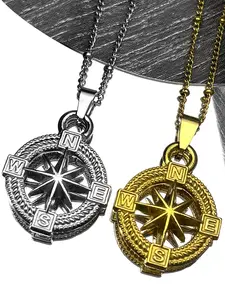 Trendy Hollow Round Compass Pendant Necklace for Women Men Stainless Steel Gold Silver Color Star Chain Necklaces Gifts