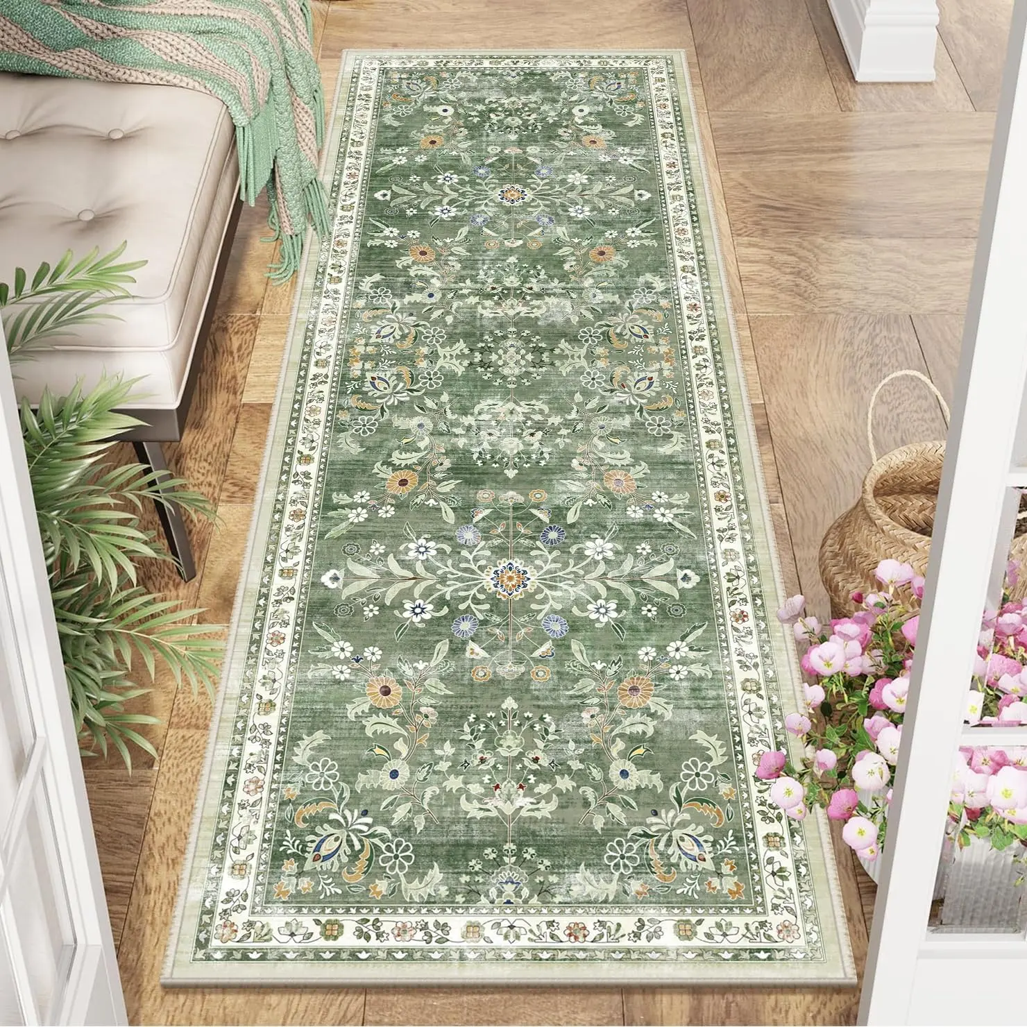 Washable Runner Rug 2x6 - Non Slip Boho Floral Hallway Runner Rug with Rubber Backing, Low Pile Faux  Distressed Carpet for Kitchen, Laundry, Bedroom, Entrance, Mottled Green