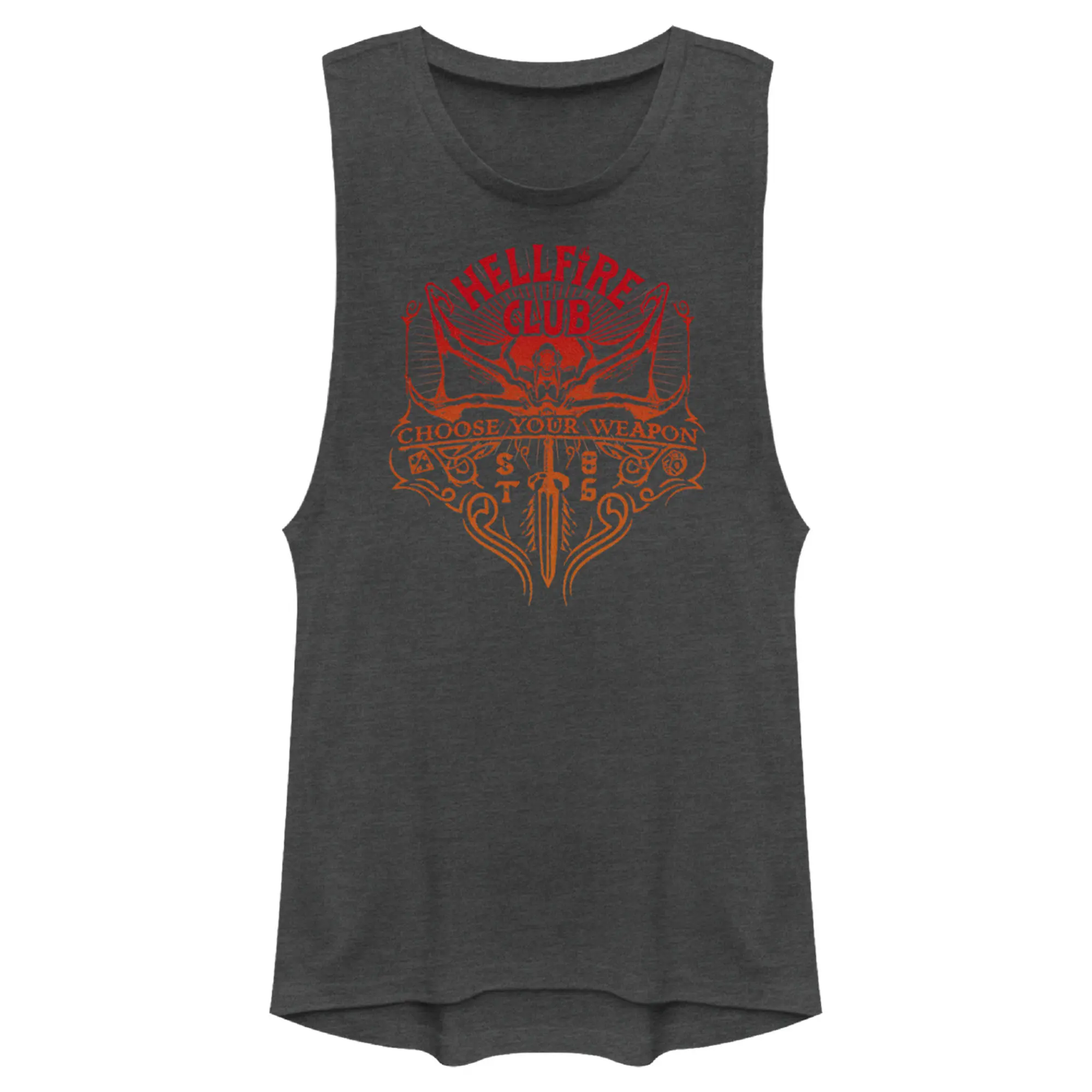 Juniors Womens Stranger Things Choose Your Weapon Festival Muscle Tee