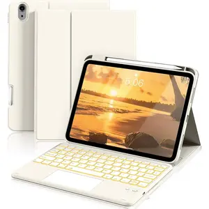 for iPad (A16) 11th 10th Generation Case with Keyboard, 7-Colors Backlit, Folio Cover with Pencil Holder, Multi- Trackpad, Detachable Keyboard for iPad 11/10.9-inch 2025/2022 (Cream White)